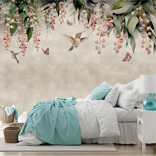 Mural Lluvia de hojas de Eucalipto con colibries y mariposas- MT445