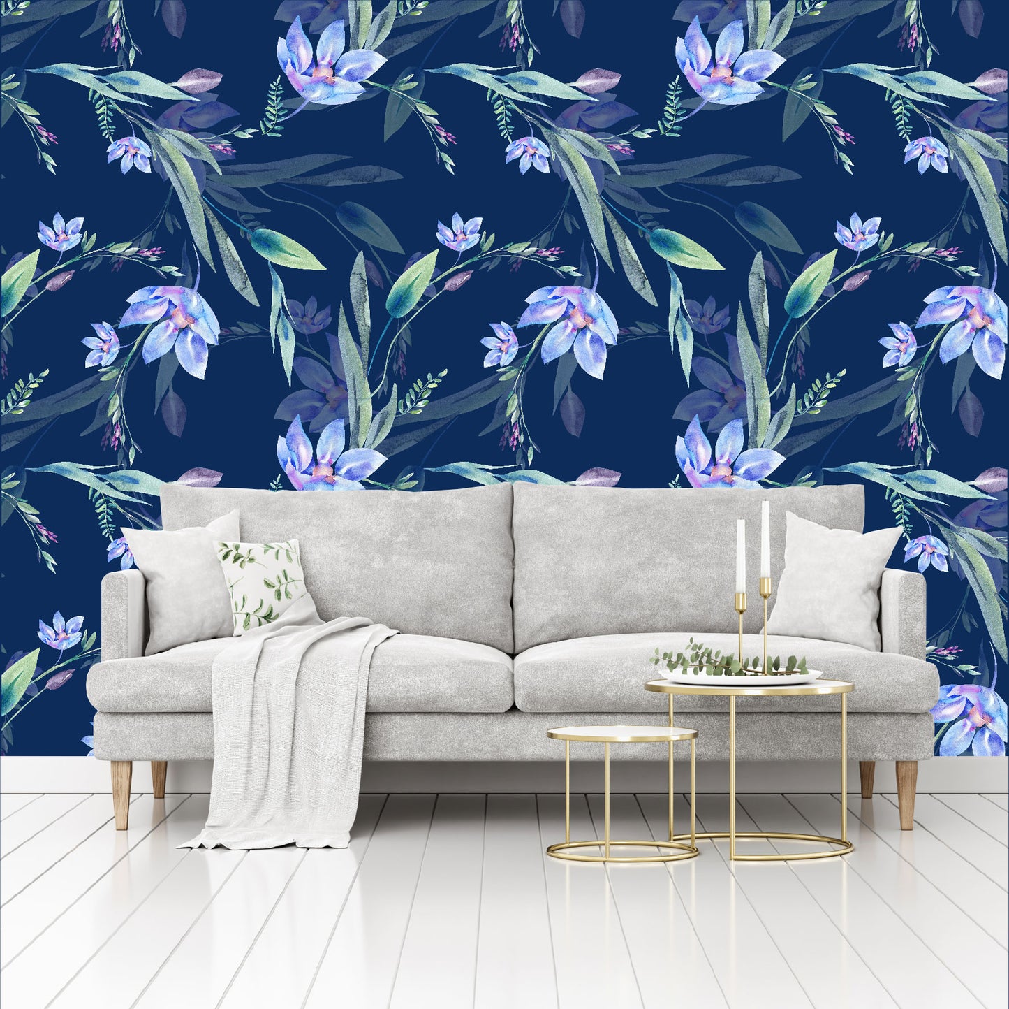 Mural Flores Lilas Acuareladas con fondo azul - MT317