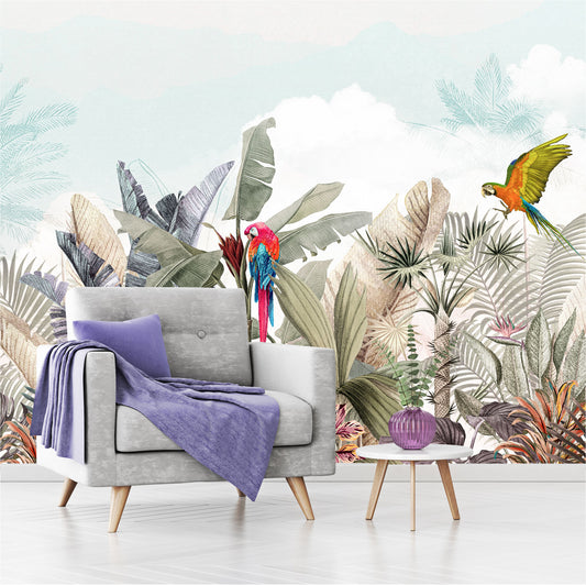 Mural Plantas Tropicales con Loros - MT411