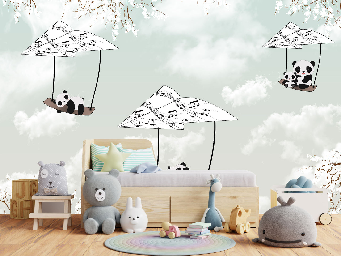 Mural Pandas Voladores en Notas Musicales - MI018