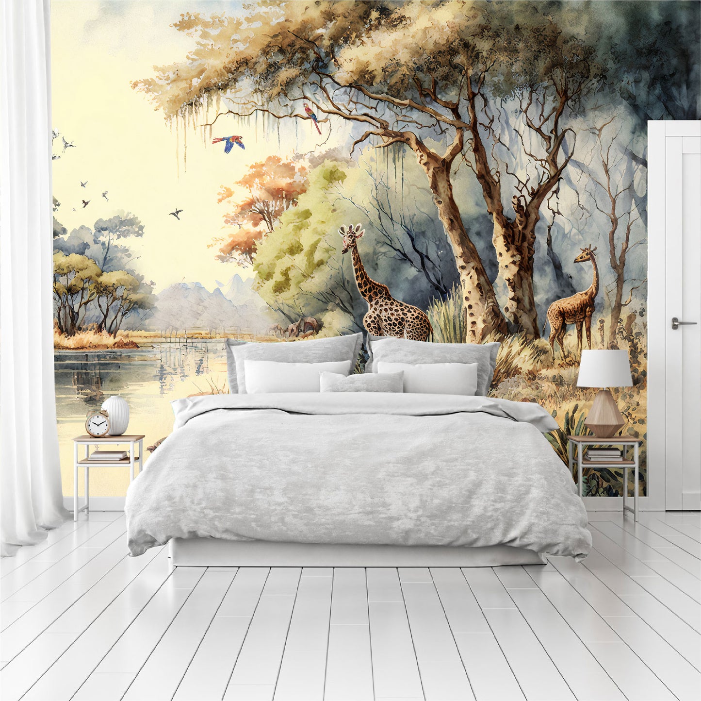 Mural bosque tropical africano con árboles junto a un río con jirafas - MT332