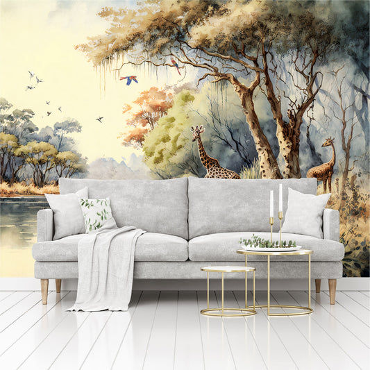 Mural bosque tropical africano con árboles junto a un río con jirafas - MT332