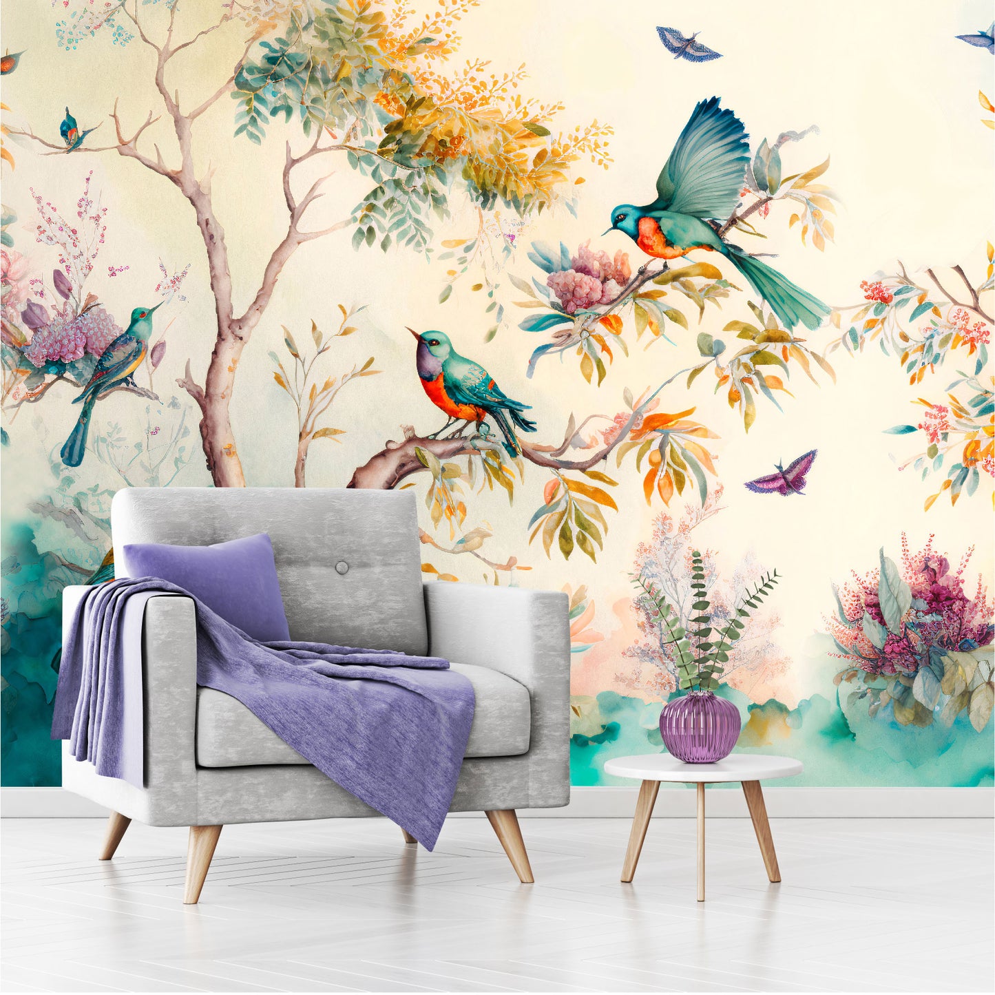 Mural Paisaje forestal con pájaros, mariposas y árboles - MT330