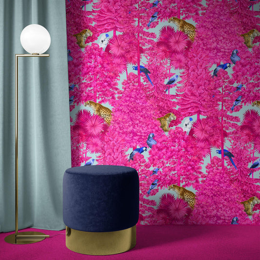 Patrón Jungla Fucsia con Leopardos y Loros - MT614
