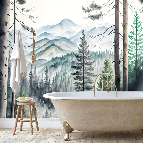 Mural montañas con bosque tropical acuarelado - MT367