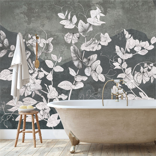 Mural Flores Blancas en pared de hormigón - MT395