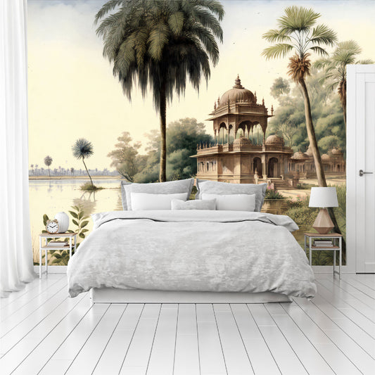 Mural paisaje de palmeras y orillas de los ríos de la India con templos - MT327
