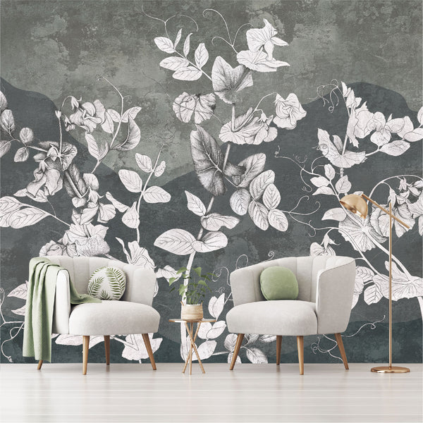 Mural Flores Blancas en pared de hormigón - MT395