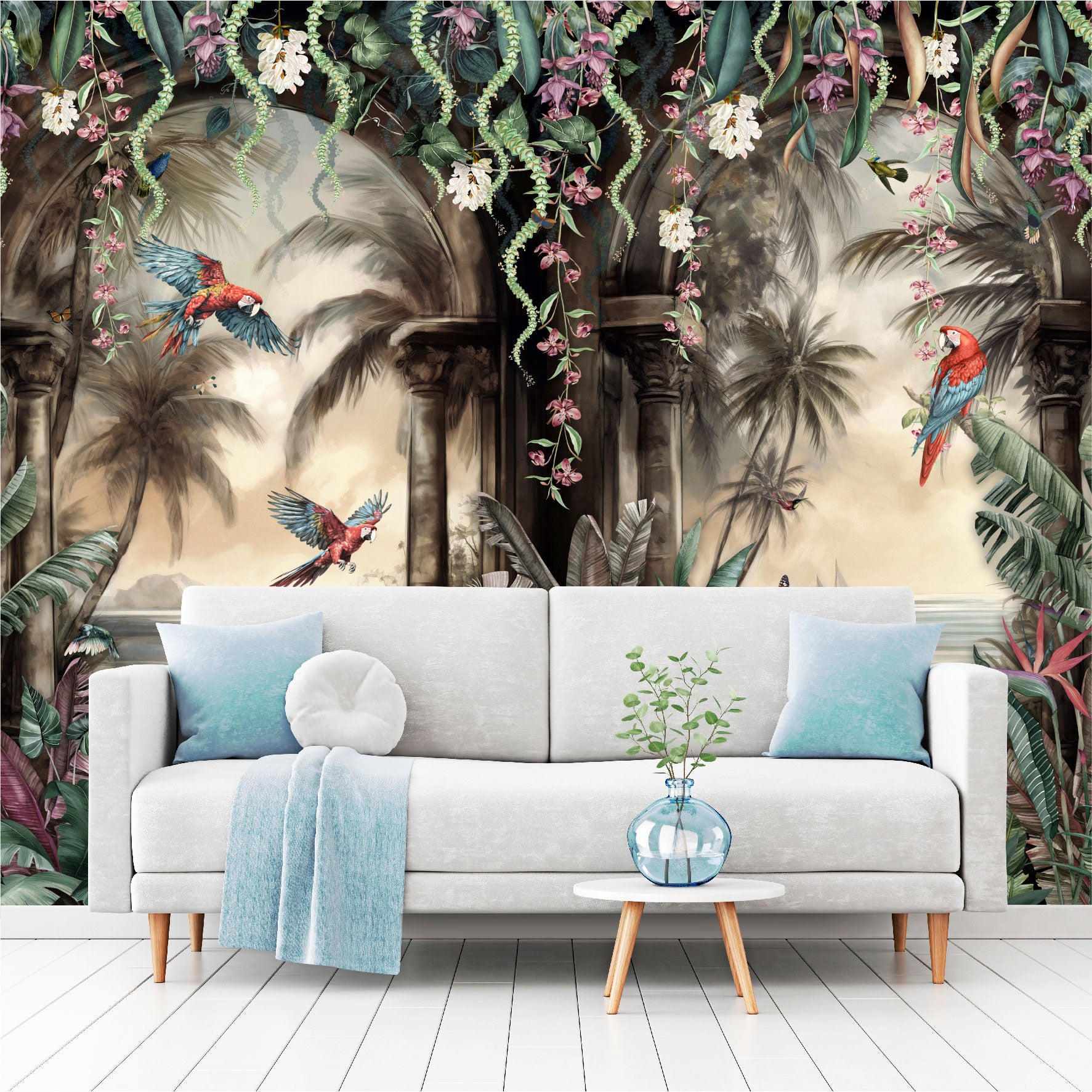 Mural Arco Tropical con loros en el bosque  - MT443