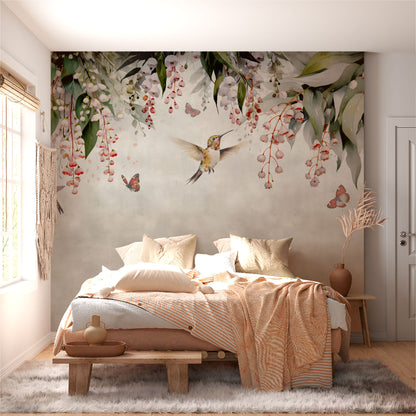 Mural Lluvia de hojas de Eucalipto con colibries y mariposas- MT445