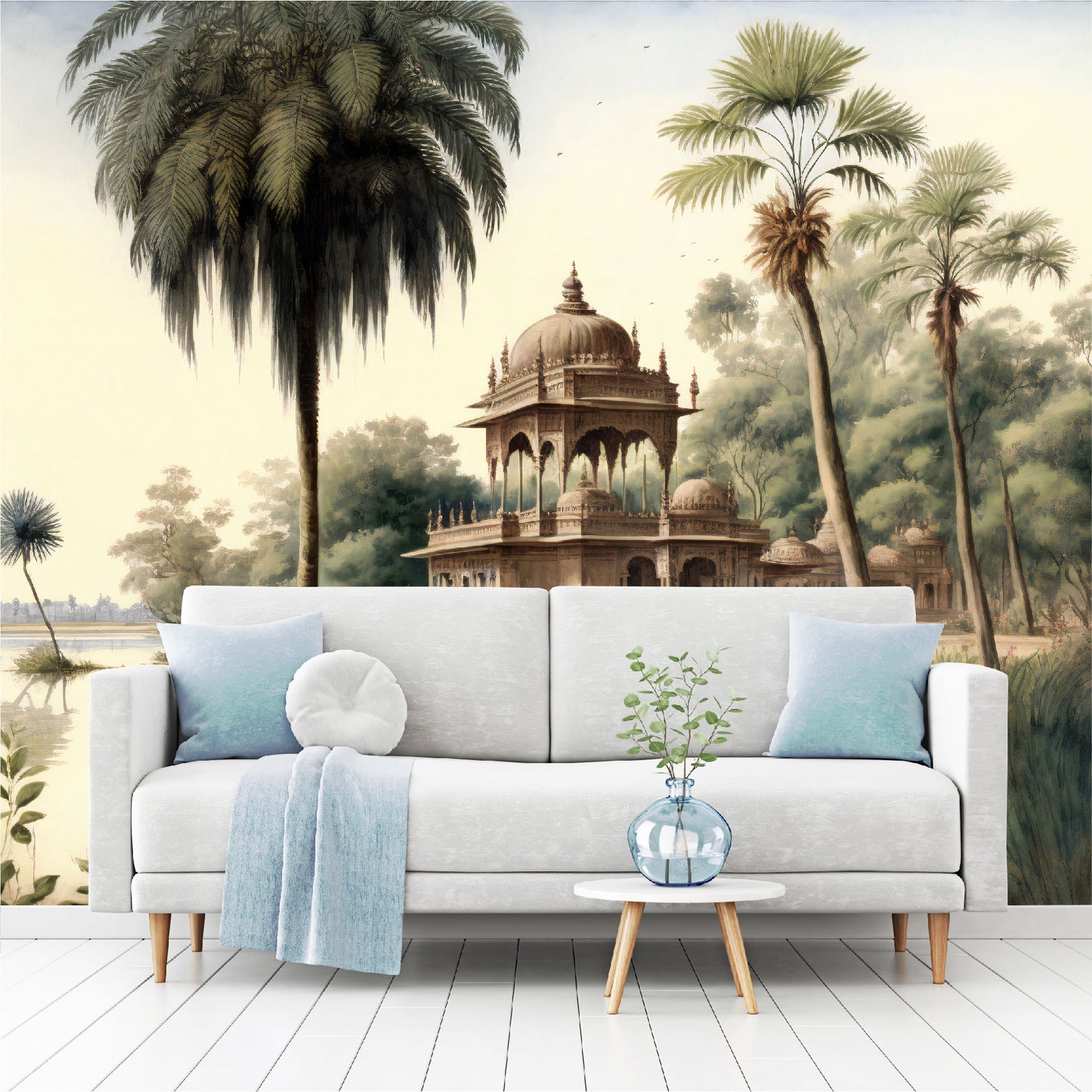 Mural paisaje de palmeras y orillas de los ríos de la India con templos  - MT327