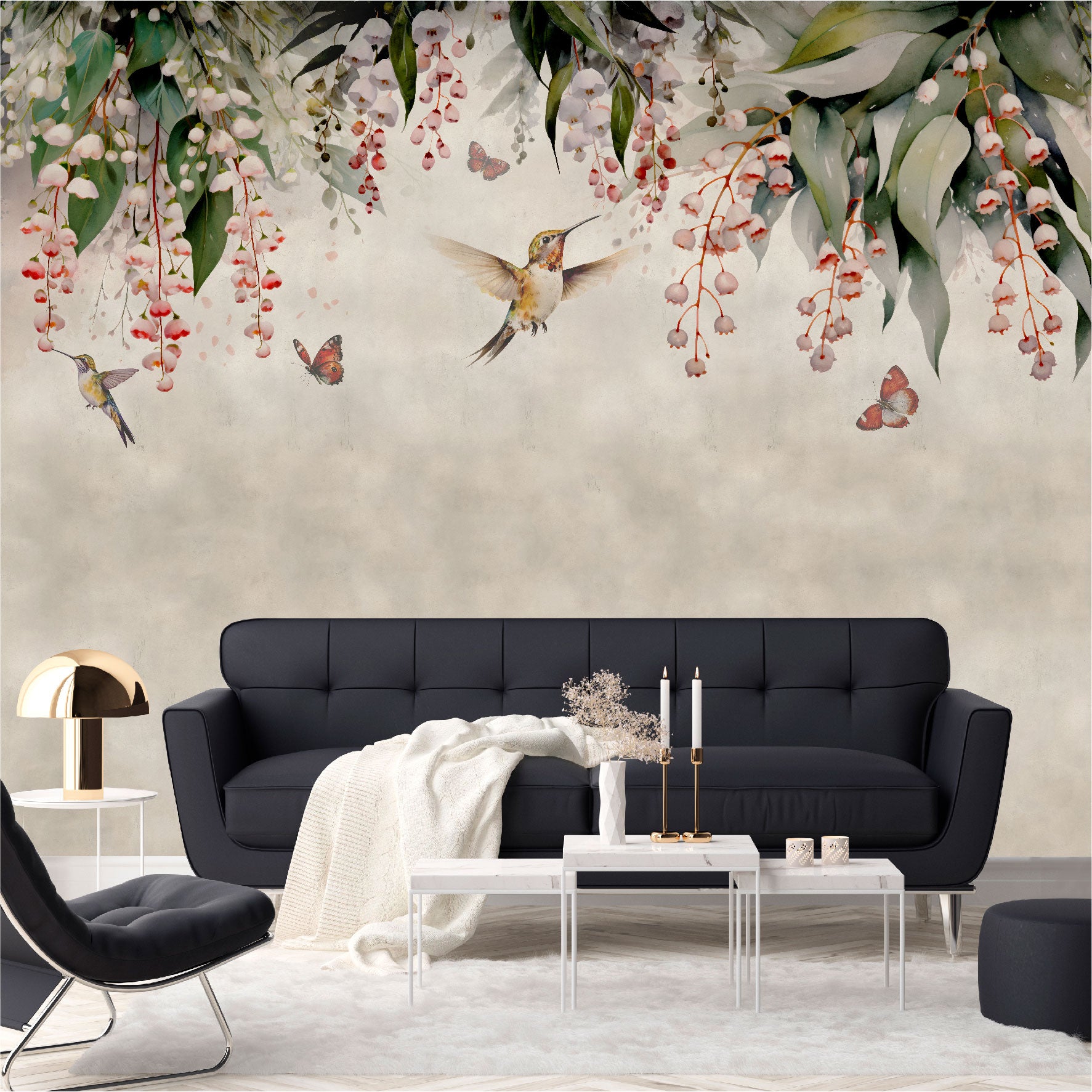 Mural Lluvia de hojas de Eucalipto con colibries y mariposas- MT445