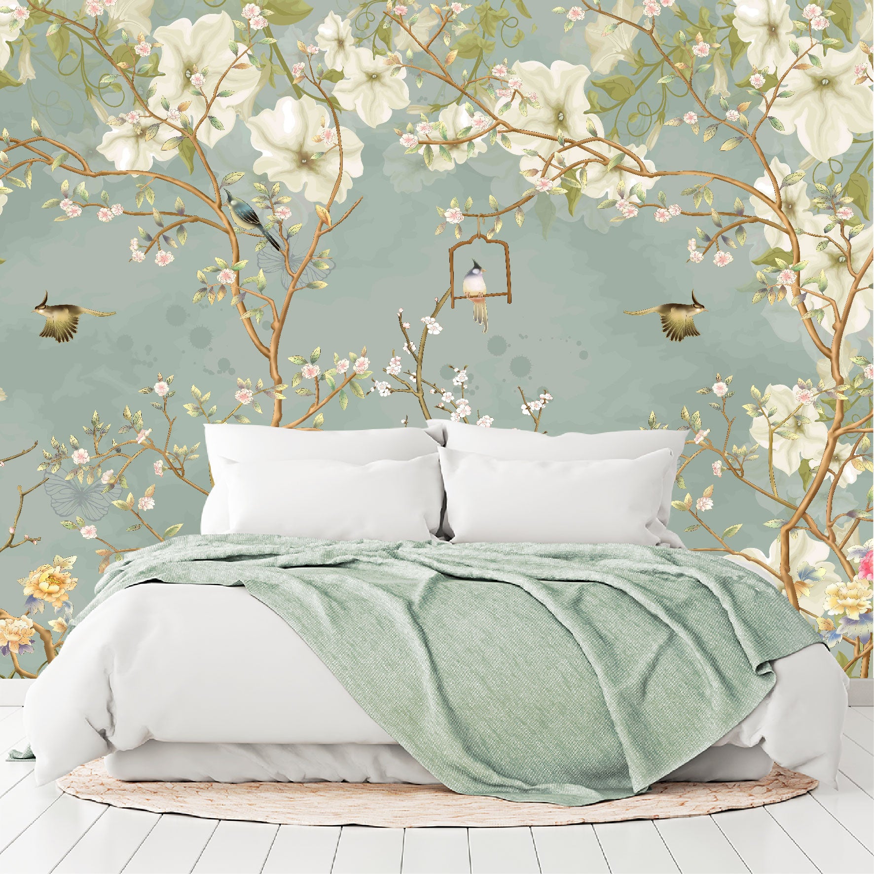 Mural Tropical Flores Blancas Campestres Estilo Inglés - MT070