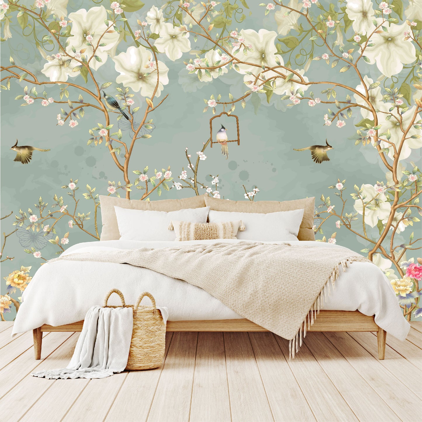 Mural Tropical Flores Blancas Campestres Estilo Inglés - MT070