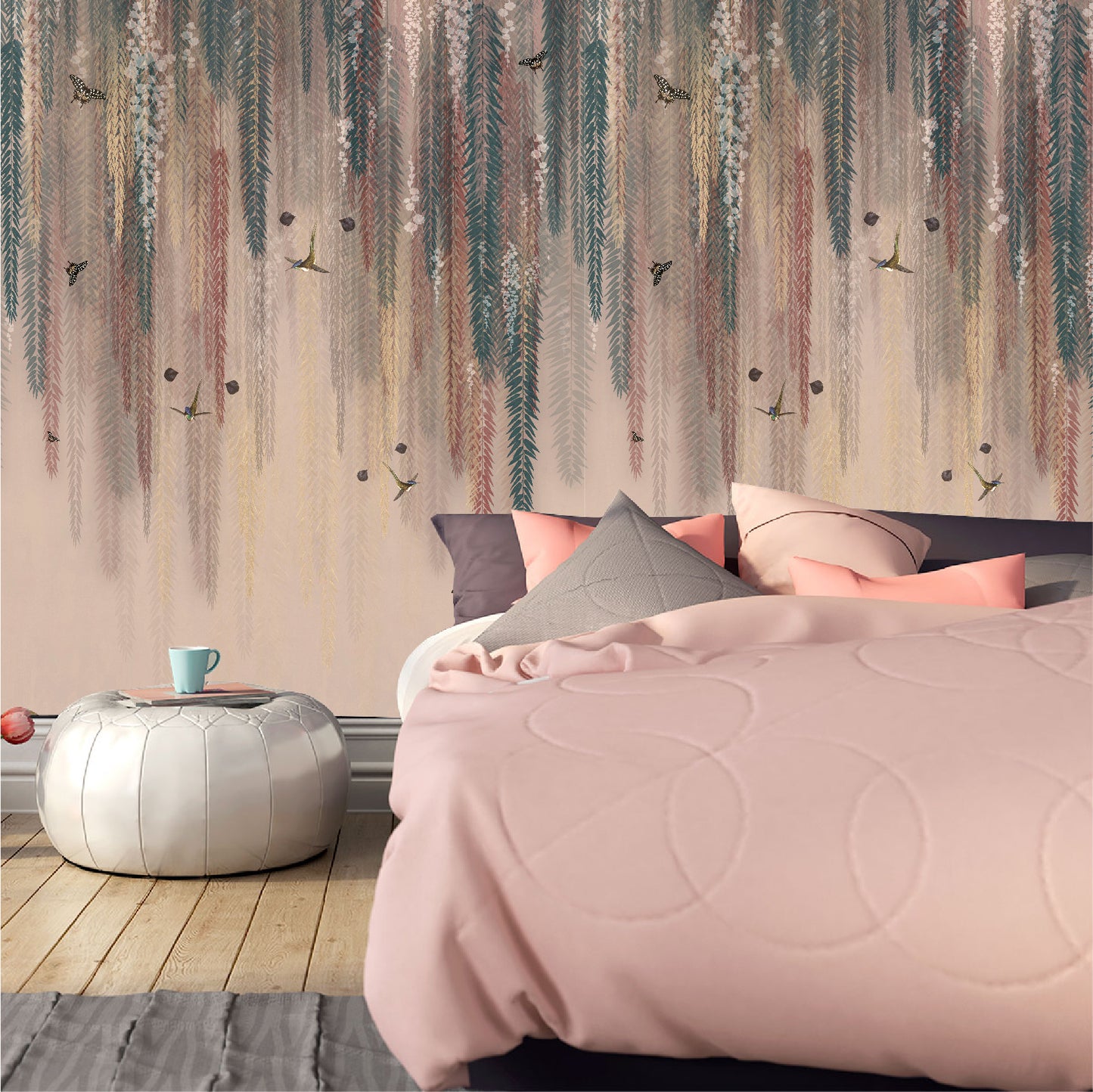 Mural Lluvia de Hojas Coloridas con Pájaros y Mariposas  - MT278