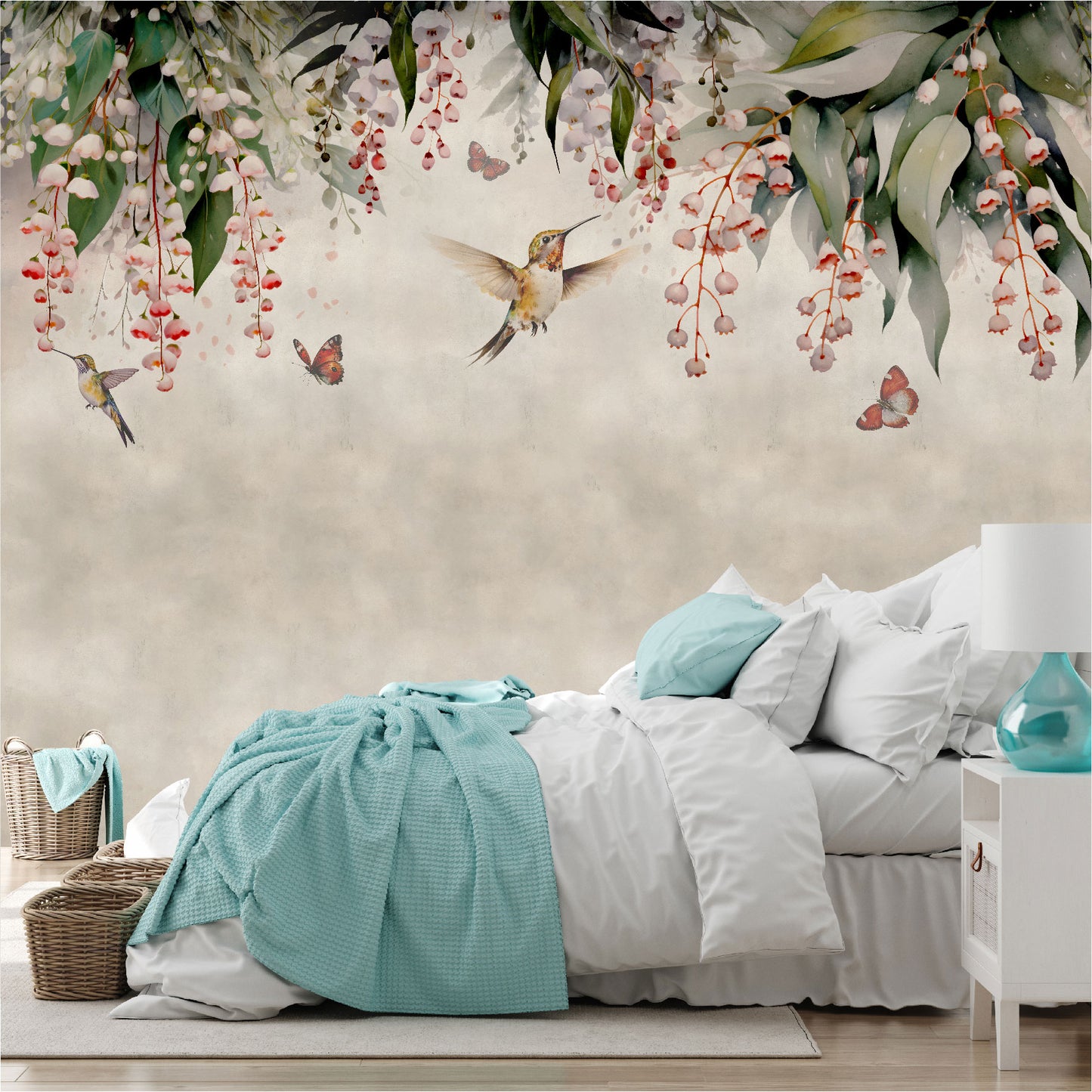 Mural Lluvia de hojas de Eucalipto con colibries y mariposas- MT445