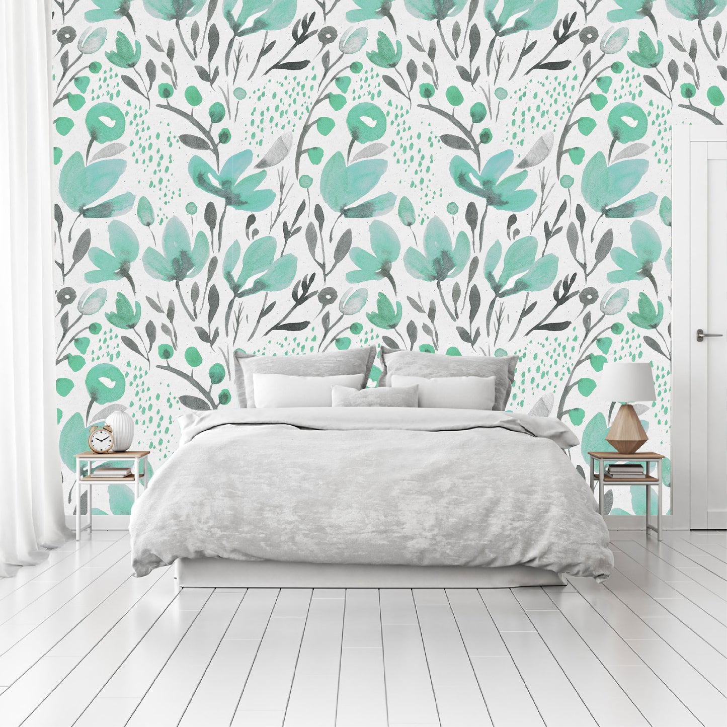 Mural Tropical Flores Acuarela Verde Aqua - MT120