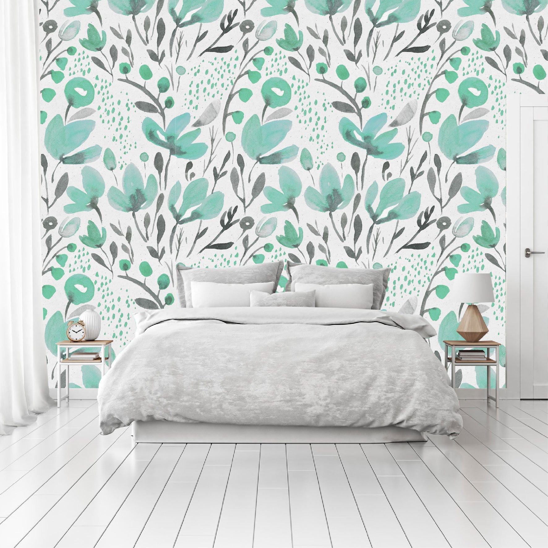 Mural Tropical Flores Acuarela Verde Aqua - MT120