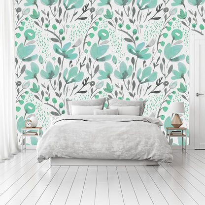 Mural Tropical Flores Acuarela Verde Aqua - MT120