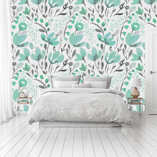 Mural Tropical Flores Acuarela Verde Aqua - MT120