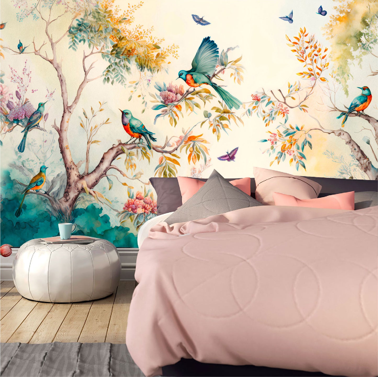Mural Paisaje forestal con pájaros, mariposas y árboles - MT330