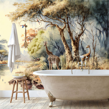 Mural bosque tropical africano con árboles junto a un río con jirafas - MT332