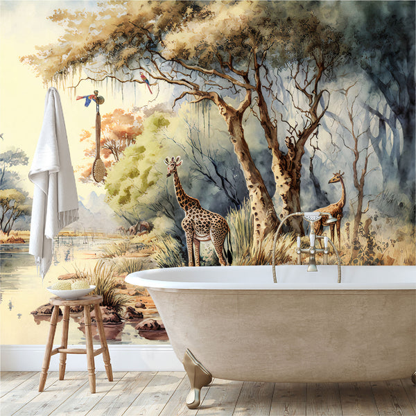 Mural bosque tropical africano con árboles junto a un río con jirafas - MT332
