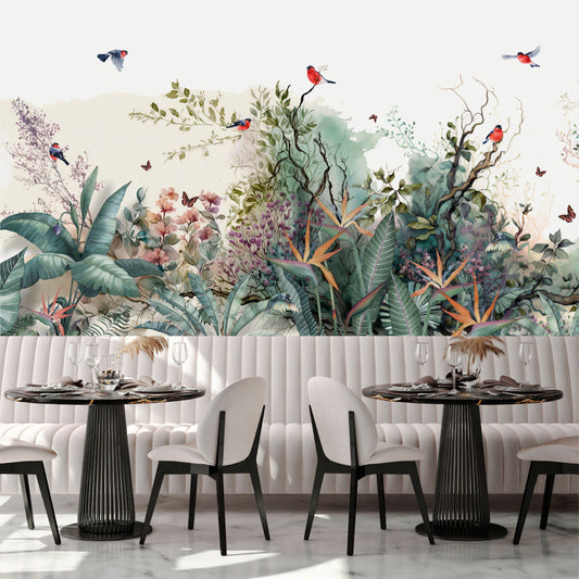 Mural Paisaje de ramas de árboles con flores, pájaros coloridos - VCORP 364