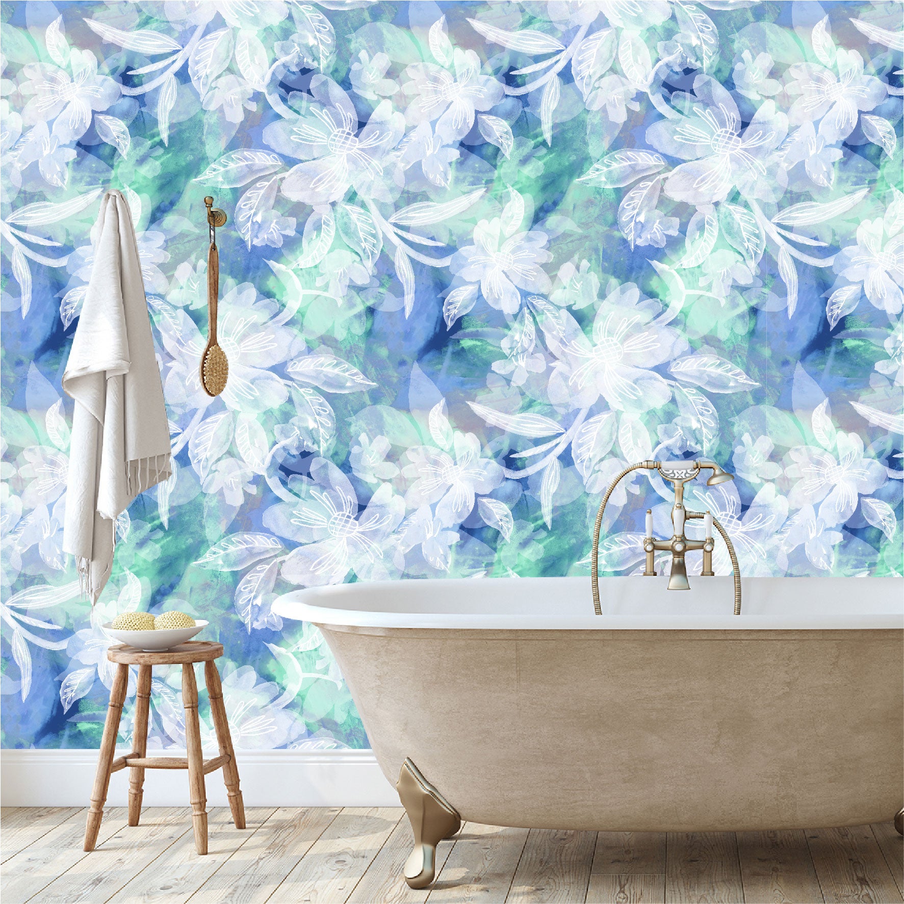 Mural Flores Blancas con fondo acuarelado - MT360