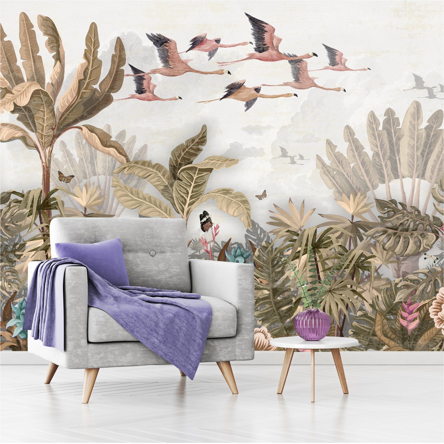 Mural Tropical Flamencos Voladores - MT276