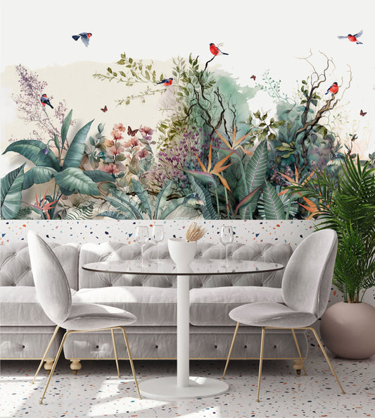 Mural Paisaje de ramas de árboles con flores, pájaros coloridos - VCORP 364