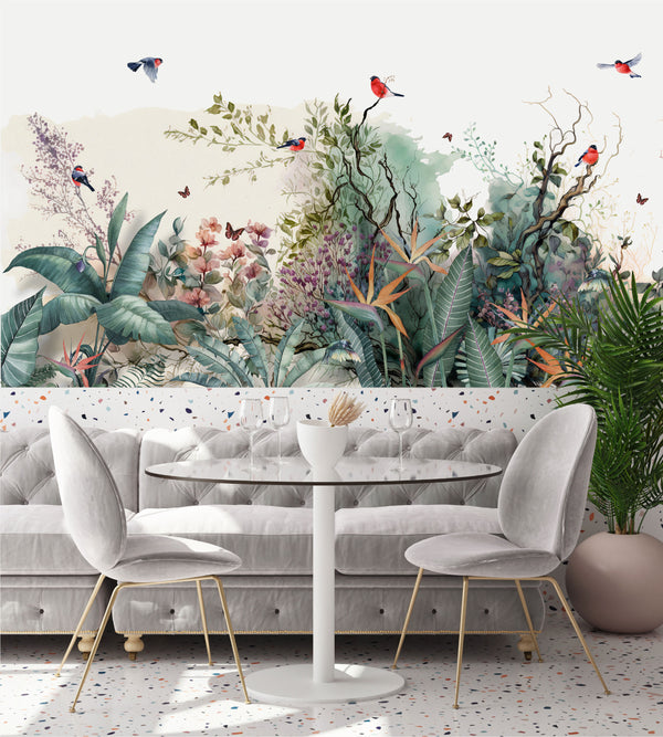 Mural Paisaje de ramas de árboles con flores, pájaros coloridos - VCORP 364