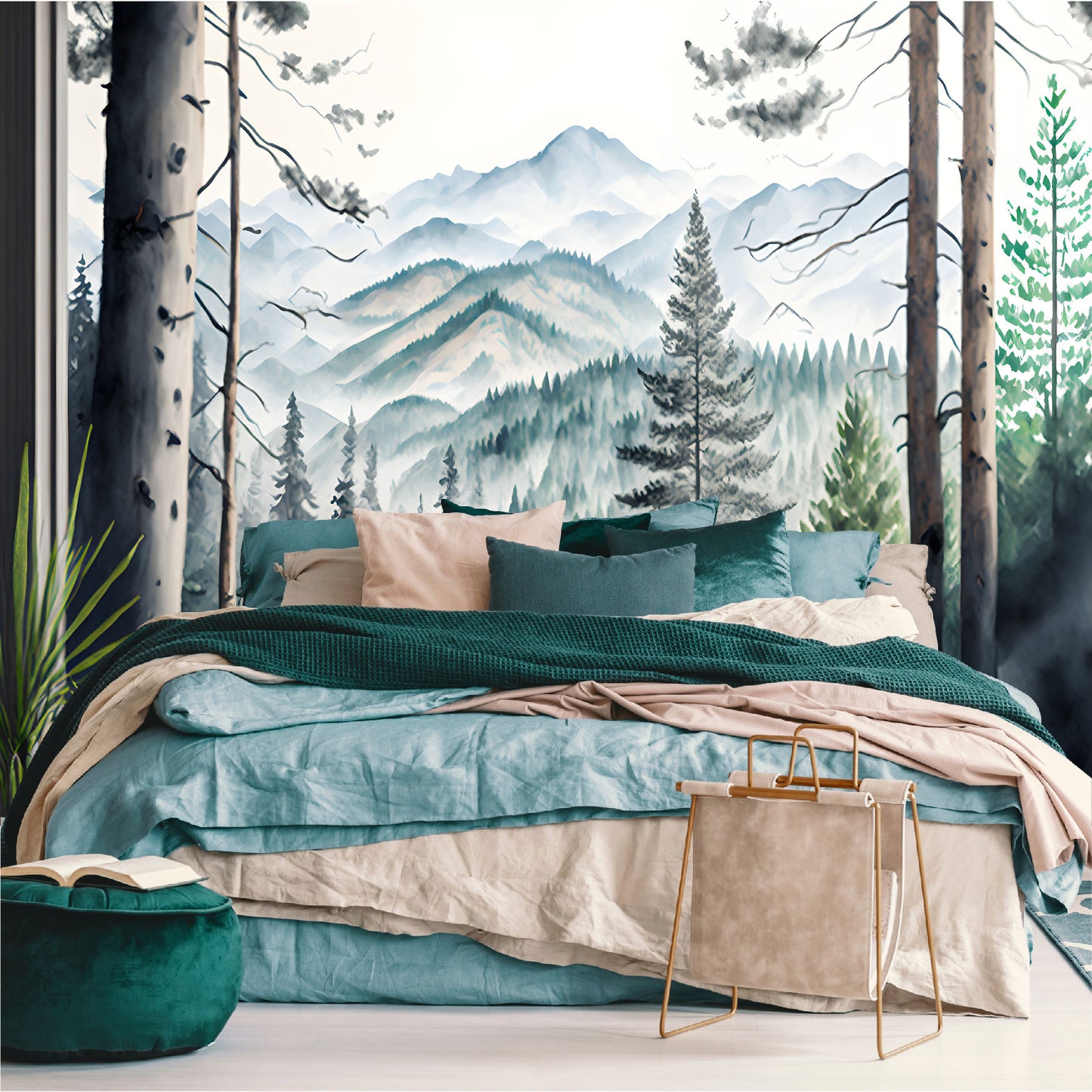 Mural montañas con bosque tropical acuarelado - MT367