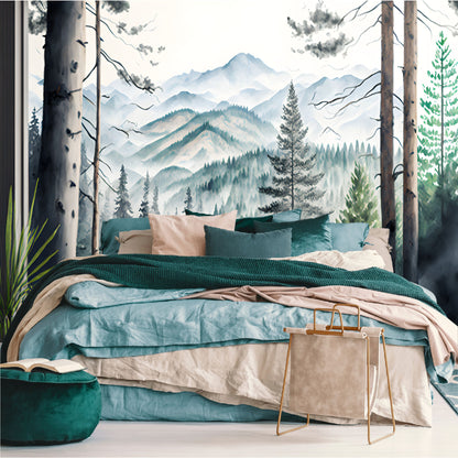 Mural montañas con bosque tropical acuarelado - MT367