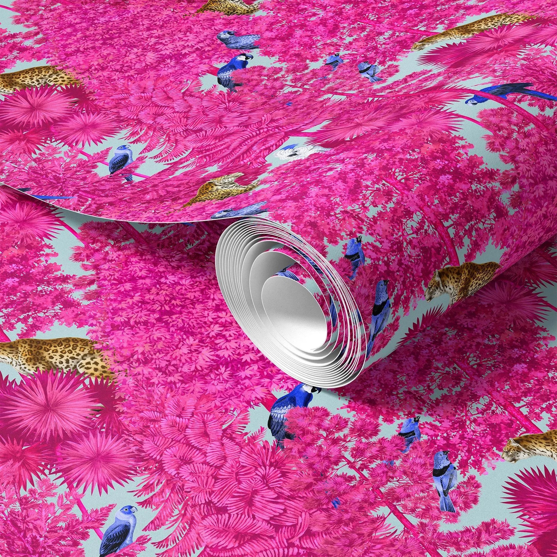 Patrón Jungla Fucsia con Leopardos y Loros - MT614