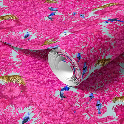 Patrón Jungla Fucsia con Leopardos y Loros - MT614