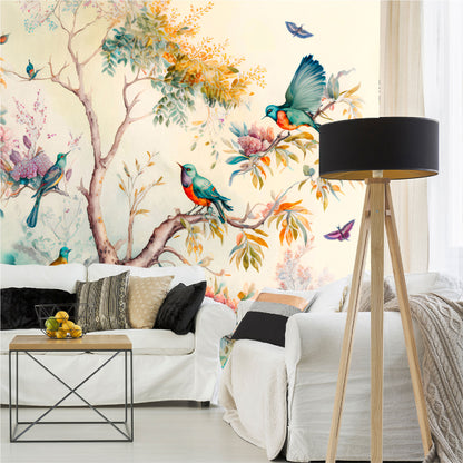 Mural Paisaje forestal con pájaros, mariposas y árboles - MT330