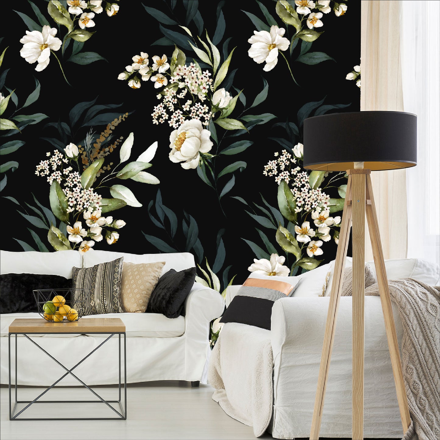 Mural Flores Acuareladas con fondo negro  - MT316