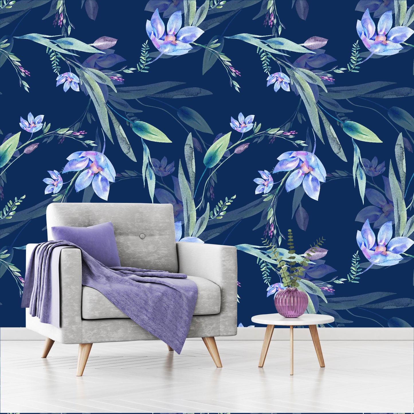 Mural Flores Lilas Acuareladas con fondo azul  - MT317
