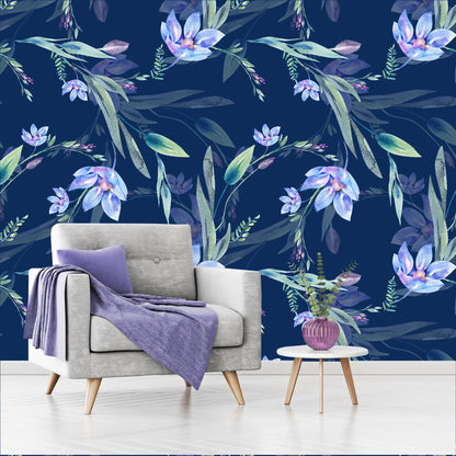Mural Flores Lilas Acuareladas con fondo azul  - MT317