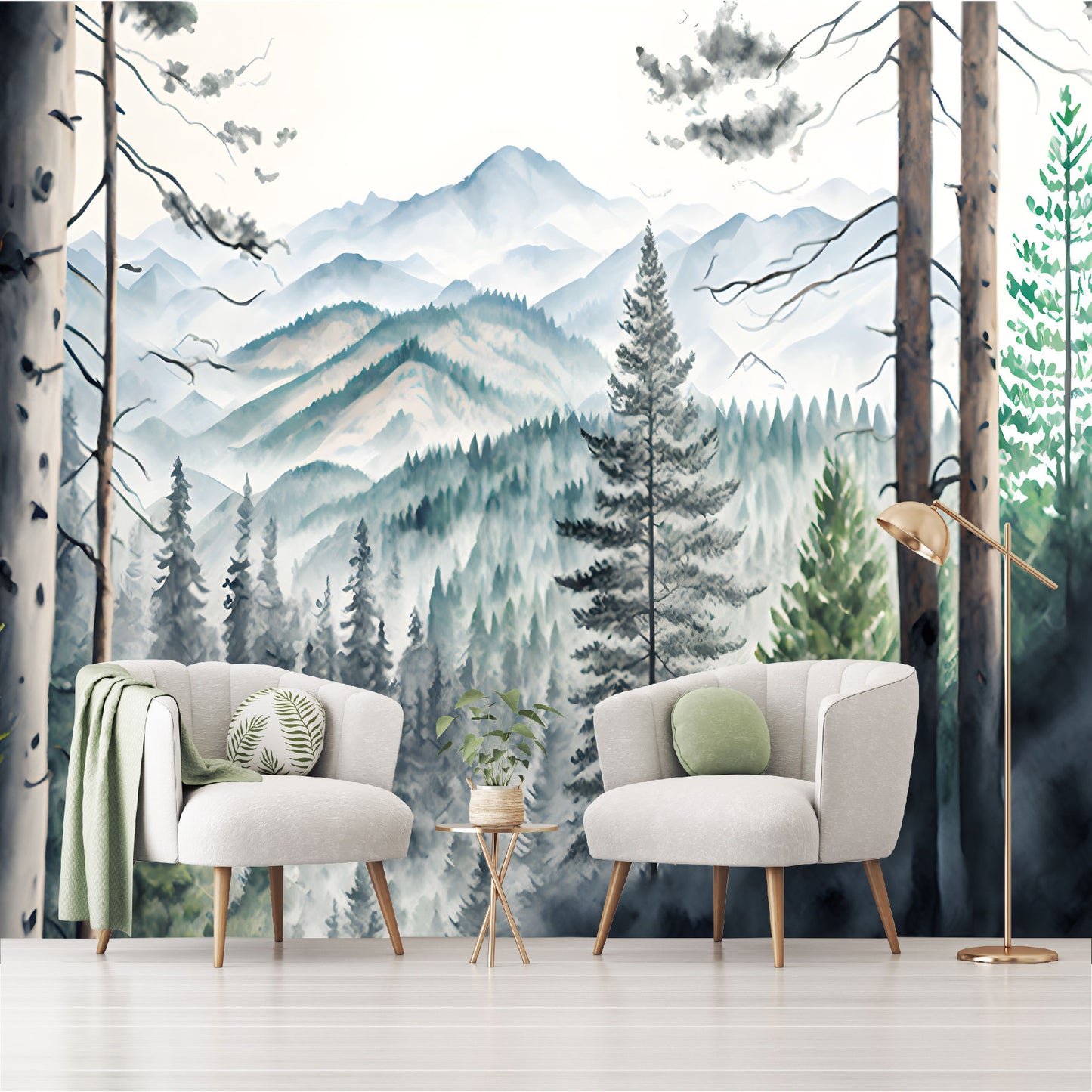 Mural montañas con bosque tropical acuarelado - MT367