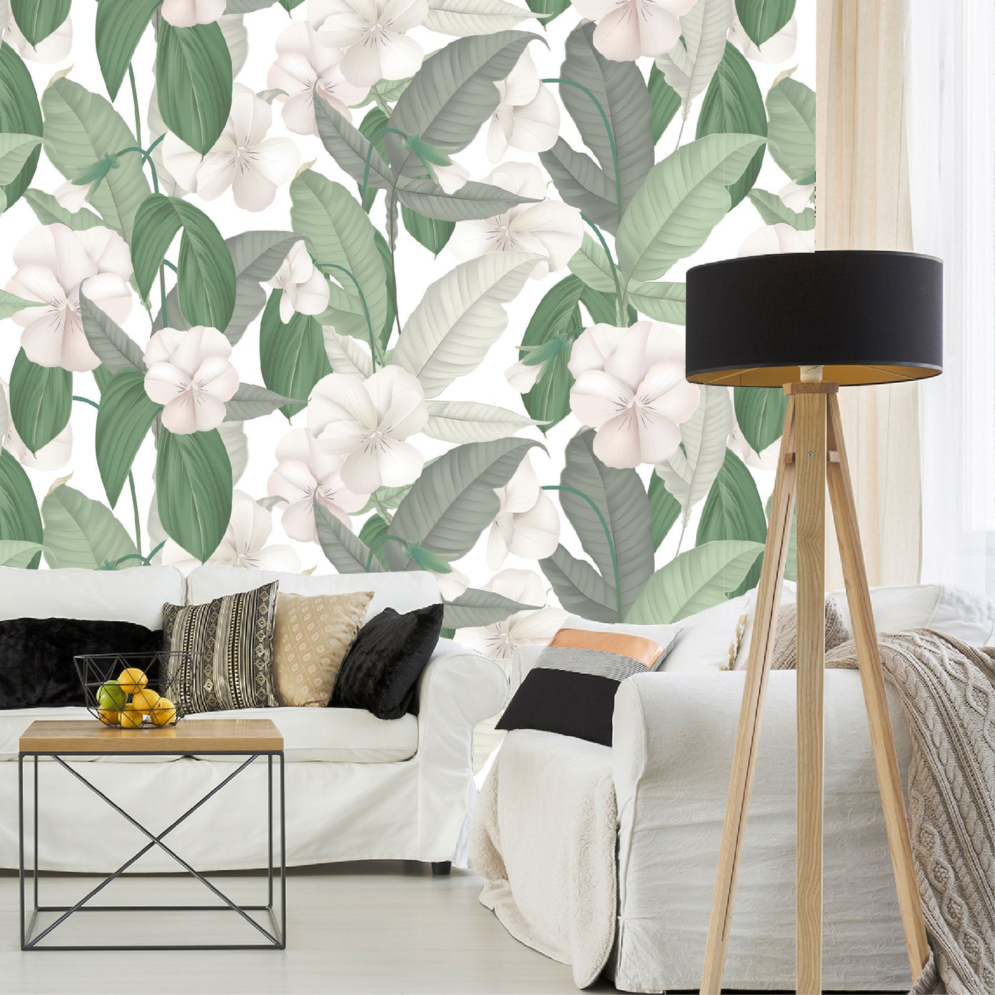 Mural Tropical Hojas Verdes con Flores Blancas - MT126