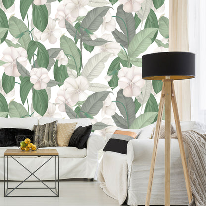 Mural Tropical Hojas Verdes con Flores Blancas - MT126