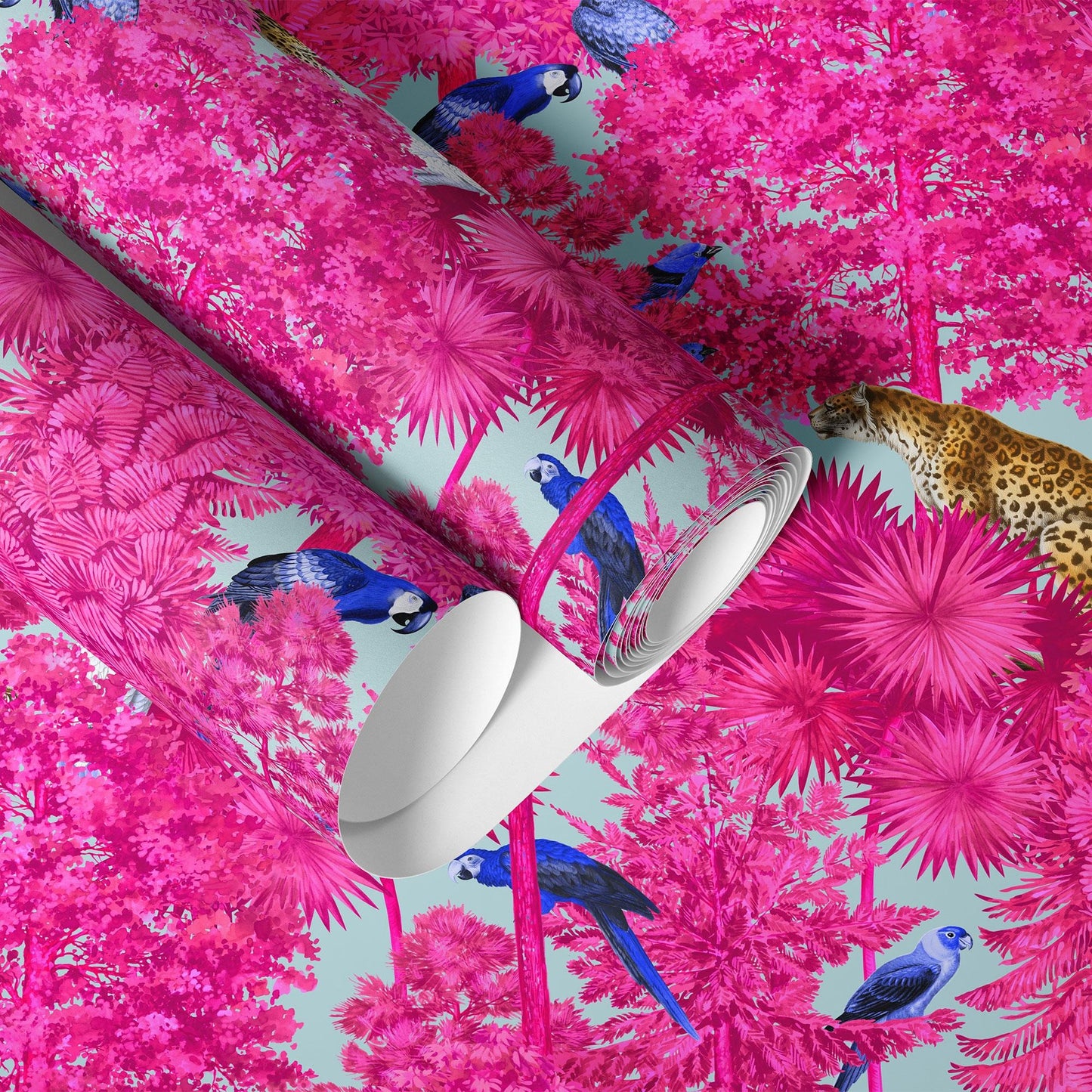 Patrón Jungla Fucsia con Leopardos y Loros - MT614