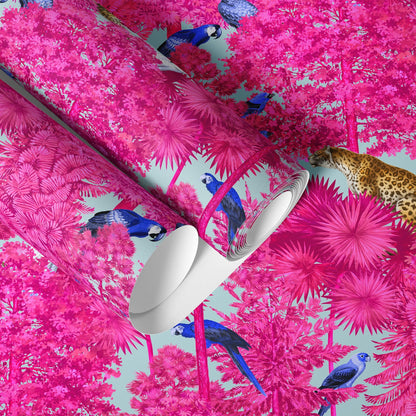 Patrón Jungla Fucsia con Leopardos y Loros - MT614
