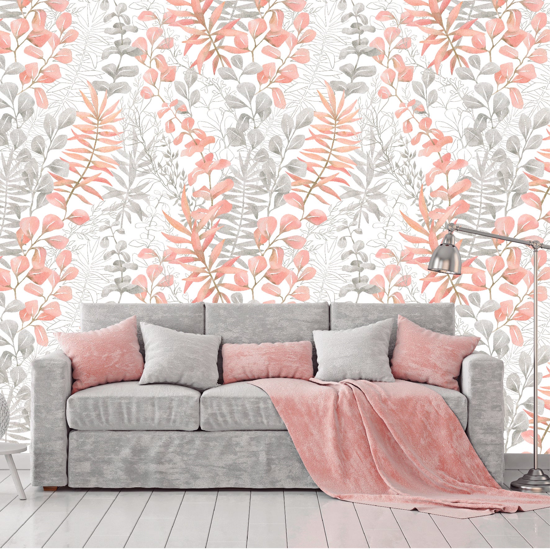 Mural Hojas Tropicales con rosa pastel - MT201