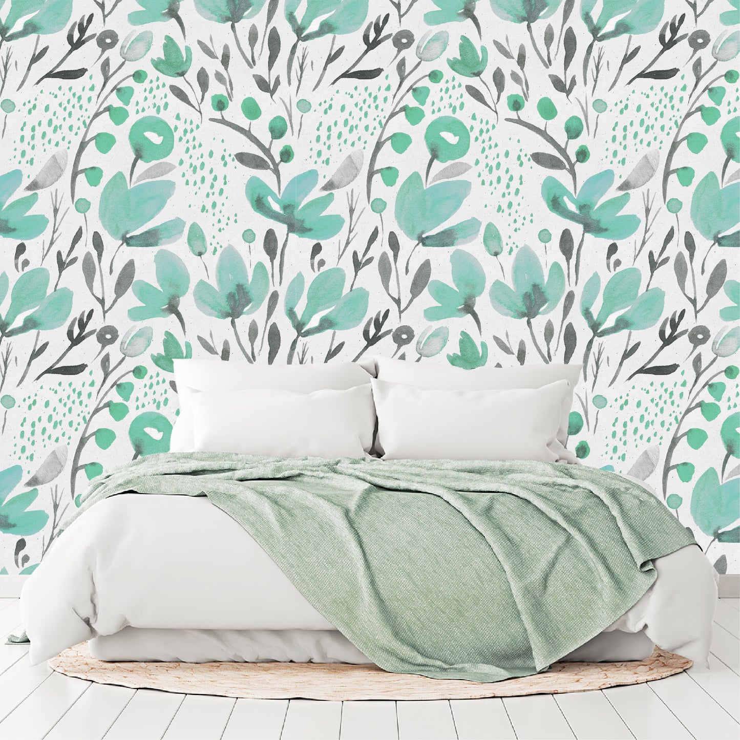 Mural Tropical Flores Acuarela Verde Aqua - MT120
