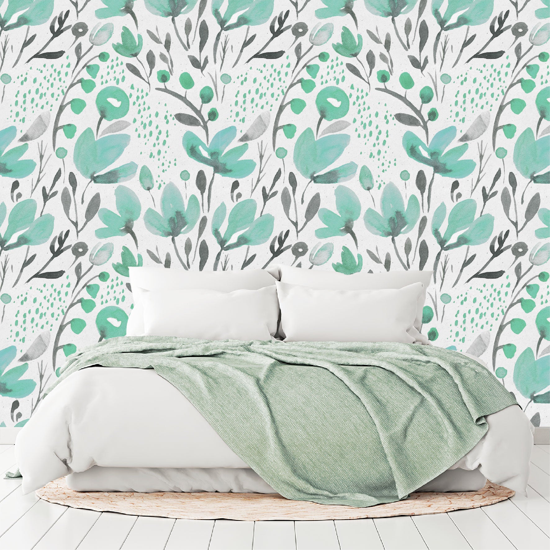 Mural Tropical Flores Acuarela Verde Aqua - MT120