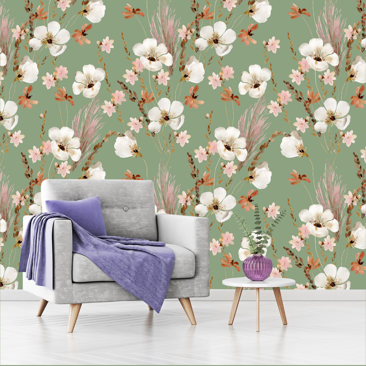 Mural Mate Flores Acuareladas con Fondo Verde - MT431