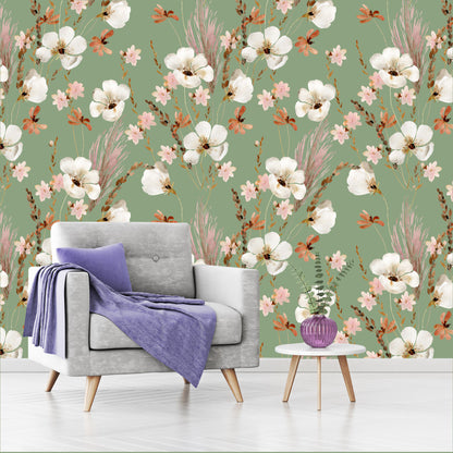Mural Mate Flores Acuareladas con Fondo Verde - MT431